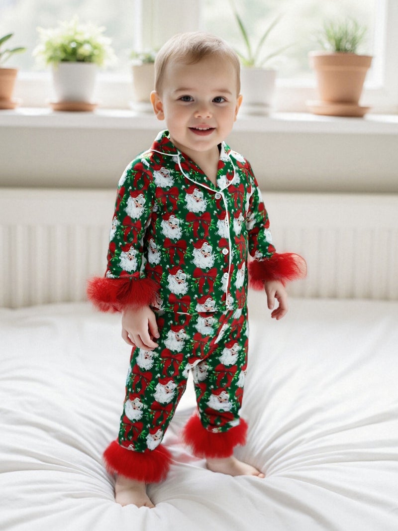 Girls Pajamas Set Feather Trim Christmas Print Button up Long Sleeves Shirt with Elastic Pants for Loungewear Sleepwear - Image 4
