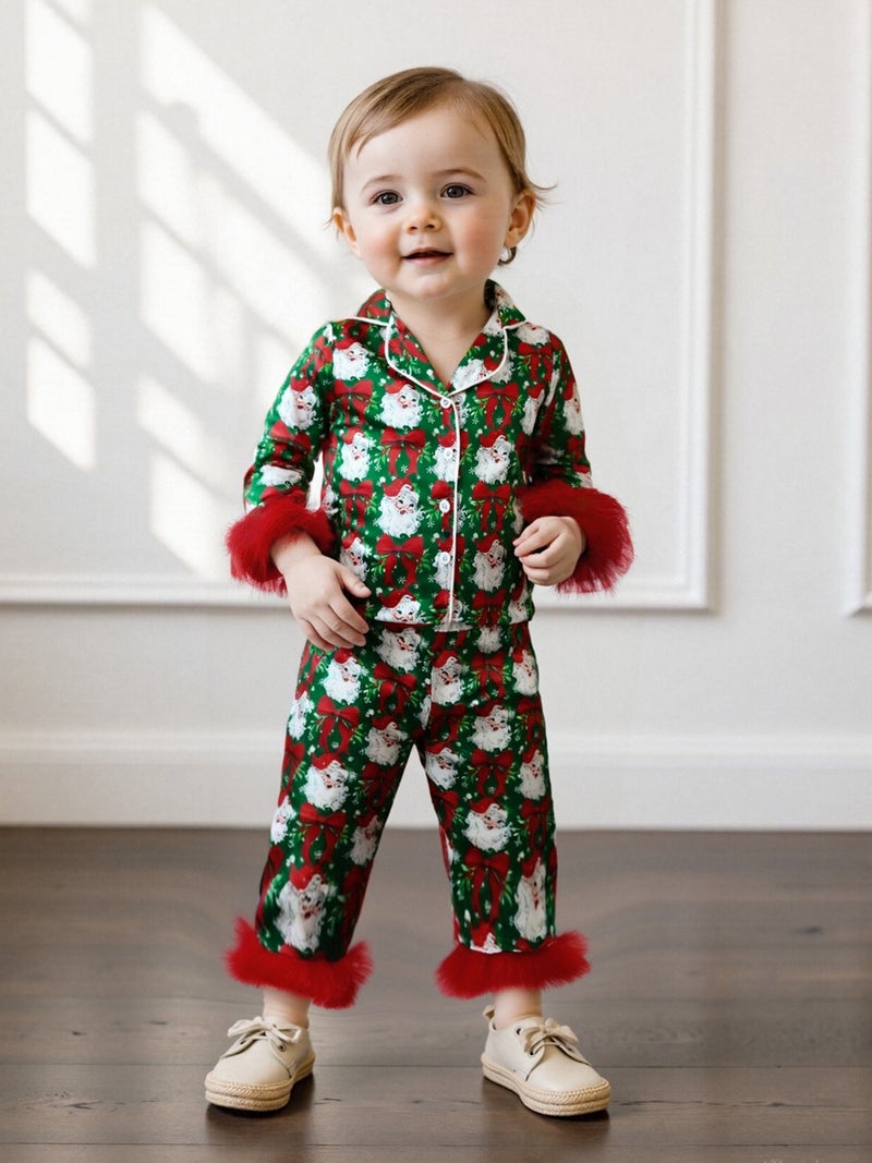 Girls Pajamas Set Feather Trim Christmas Print Button up Long Sleeves Shirt with Elastic Pants for Loungewear Sleepwear - Image 5