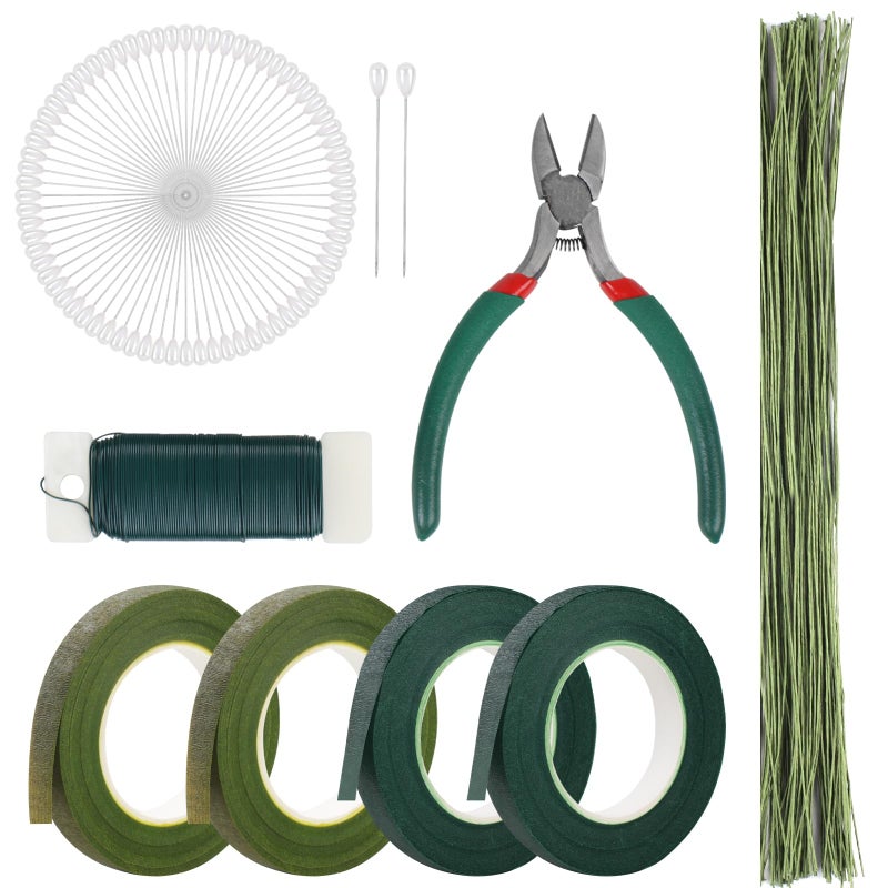 DSUWAZU Floral Tape and Wire Arrangement Tools Kit, Green Tape, Boutonniere Pin for Bouquet Stem Wrap, Florist and Wreath Making Supplies - Image 1