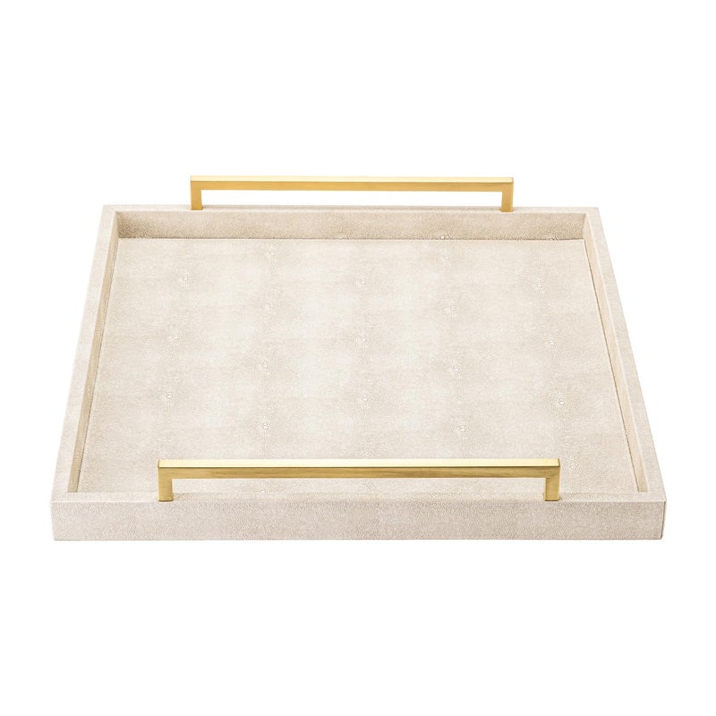 XIGEXIGE Large Ottoman Tray for Coffee Table,Square Shagreen Leather Decorative Tray with Gold Handles for Living Room Decor - Image 2