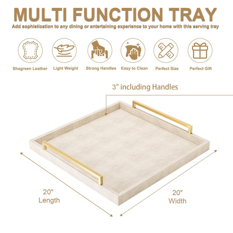 XIGEXIGE Large Ottoman Tray for Coffee Table,Square Shagreen Leather Decorative Tray with Gold Handles for Living Room Decor - Image 3
