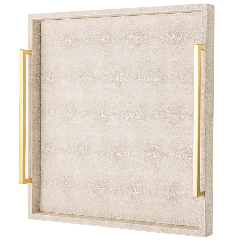 XIGEXIGE Large Ottoman Tray for Coffee Table,Square Shagreen Leather Decorative Tray with Gold Handles for Living Room Decor - Image 1