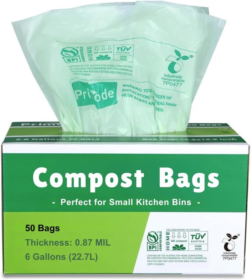Primode Compostable Bags 6 Gallon Food Scraps Yard Waste Bags, 50 Count, Extra Thick 0.87 Mil. ASTMD6400 Compost Bags Small Kitchen Trash Bags, Certified By BPI And TÜV AUSTRIA - Image 1
