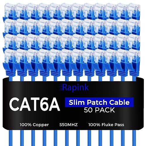 Rapink Patch Cables Cat6a 1ft (50 Pack) Slim, Cat6a Ethernet Patch Cable 10G Support, Snagless Cat 6 Patch Cable for Patch Panel to Switch, Flexiable Cat 6a Ethernet Cable with Gold Plated - Image 1