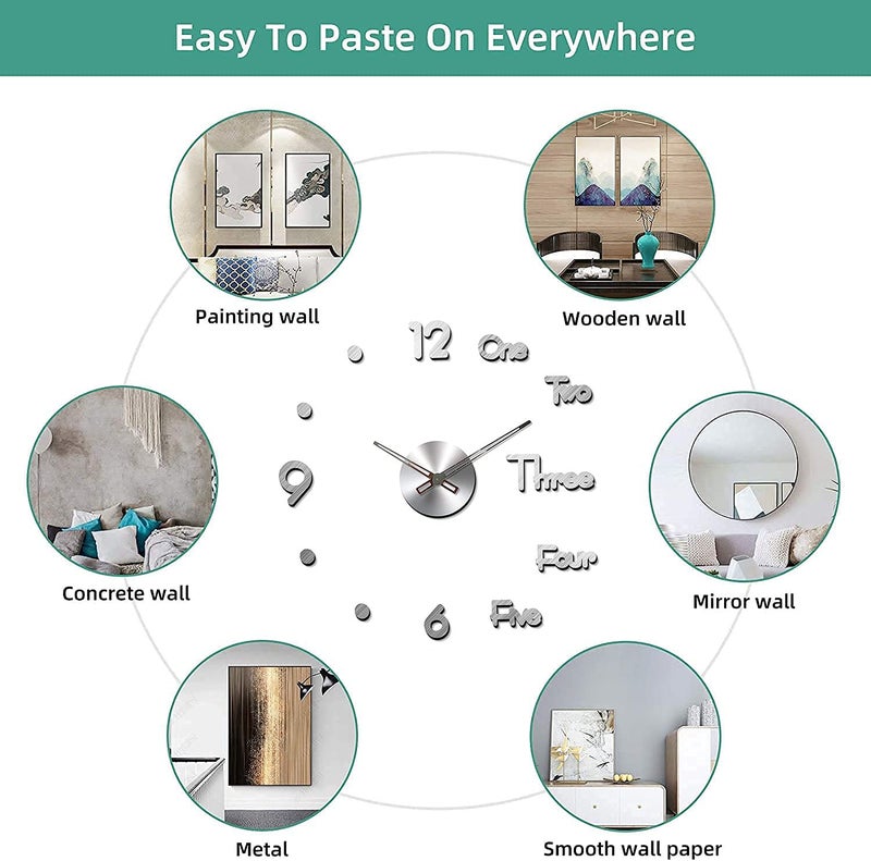 Shopper52 Acrylic DIY Frameless 3D Mirror Sticker Large Wall Clock (Silver) - AL050-S - Image 3