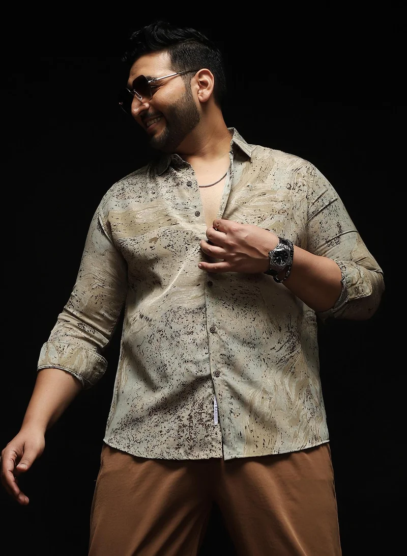 انستافاب بلس Instafab Plus Men's Ecru Beige Marble-Specks Imprint Shirt | Spread Collar , Long Cuffed Sleeves , Button Closure , Curved Hemline | Abstract-Print Plain Polyester Material For Evening & Party Wear