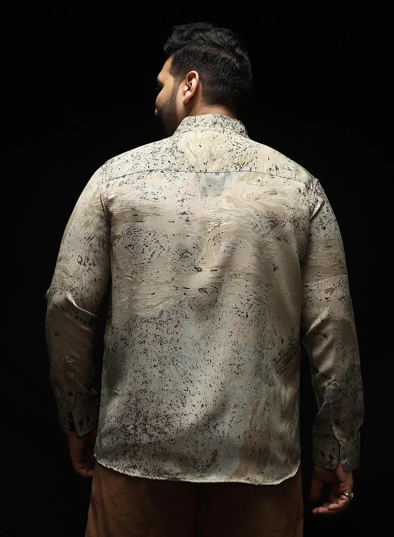 Instafab Plus Instafab Plus Men's Ecru Beige Marble-Specks Imprint Shirt | Spread Collar , Long Cuffed Sleeves , Button Closure , Curved Hemline | Abstract-Print Plain Polyester Material For Evening & Party Wear