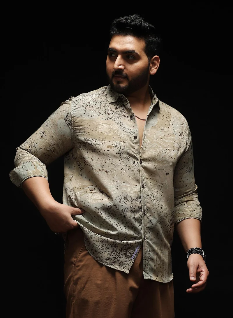 Instafab Plus Instafab Plus Men's Ecru Beige Marble-Specks Imprint Shirt | Spread Collar , Long Cuffed Sleeves , Button Closure , Curved Hemline | Abstract-Print Plain Polyester Material For Evening & Party Wear