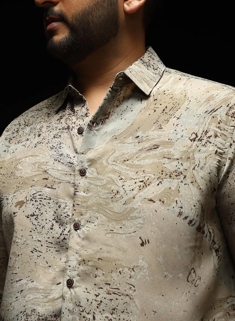 Instafab Plus Instafab Plus Men's Ecru Beige Marble-Specks Imprint Shirt | Spread Collar , Long Cuffed Sleeves , Button Closure , Curved Hemline | Abstract-Print Plain Polyester Material For Evening & Party Wear