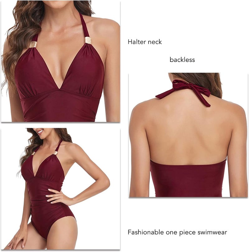 klarako Women One Piece Swimsuit Halter V Neck Backless Bathing Suit Tummy Control Slimming Swimwear for Beach Pool Party - Image 5