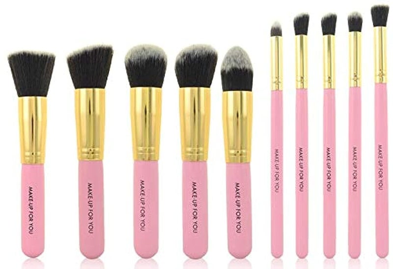 Premium 10-Piece Pink Makeup Brush Set - Heavy-Duty Professional Cosmetic Blending Toolkit - Durable Synthetic Fiber Face & Eye Brushes for Foundation, Powder & Eyeshadow (Sleek Pastel Pink & Gold Space-Saving Profile) - Manual Beauty Application Convenience & Vanity Facility Asset Management Template
