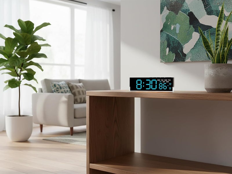 45MinST 7-Inch LED Digital Alarm Clock with Bottom Glow Light｜Displays Time, Date, Day, Temperature｜Dual Alarms, DST, Auto/Manual 3-Level Brightness, Battery or USB Powered Desk Clock,Blue - Image 3
