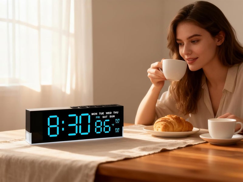 45MinST 7-Inch LED Digital Alarm Clock with Bottom Glow Light｜Displays Time, Date, Day, Temperature｜Dual Alarms, DST, Auto/Manual 3-Level Brightness, Battery or USB Powered Desk Clock,Blue - Image 5