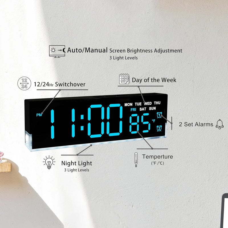 45MinST 7-Inch LED Digital Alarm Clock with Bottom Glow Light｜Displays Time, Date, Day, Temperature｜Dual Alarms, DST, Auto/Manual 3-Level Brightness, Battery or USB Powered Desk Clock,Blue - Image 2