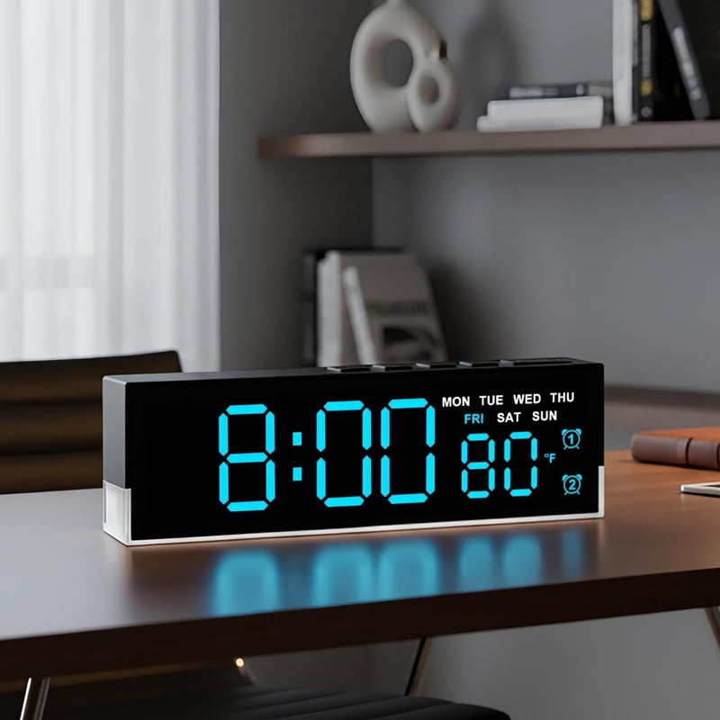 45MinST 7-Inch LED Digital Alarm Clock with Bottom Glow Light｜Displays Time, Date, Day, Temperature｜Dual Alarms, DST, Auto/Manual 3-Level Brightness, Battery or USB Powered Desk Clock,Blue - Image 1