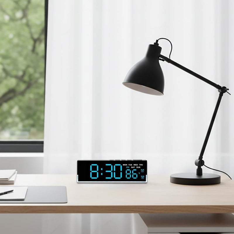 45MinST 7-Inch LED Digital Alarm Clock with Bottom Glow Light｜Displays Time, Date, Day, Temperature｜Dual Alarms, DST, Auto/Manual 3-Level Brightness, Battery or USB Powered Desk Clock,Blue - Image 4