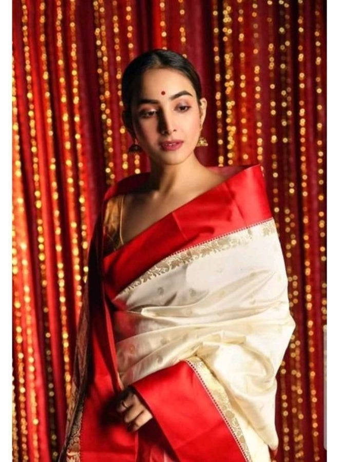 Women Semi Silk Traditional Bengali Lal Par Kanjivaram Saree with Blouse Piece Off White and Red - Image 1