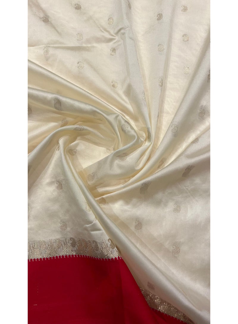 Women Semi Silk Traditional Bengali Lal Par Kanjivaram Saree with Blouse Piece Off White and Red - Image 3