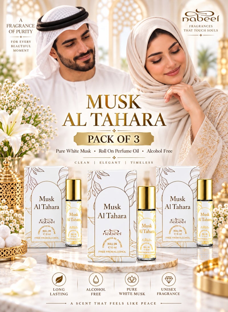Nabeel 3 Pcs Nabeel Musk Al Tahara Pure White Musk Roll On Perfume Oil 6 ML Clean Intimate and Long-Lasting Elegance - Image 1
