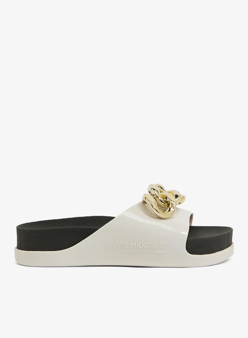 Slide Soul Corrente 2K Women'S Anti Slip Sole  With Gold Chain Design Sandals - White/Black