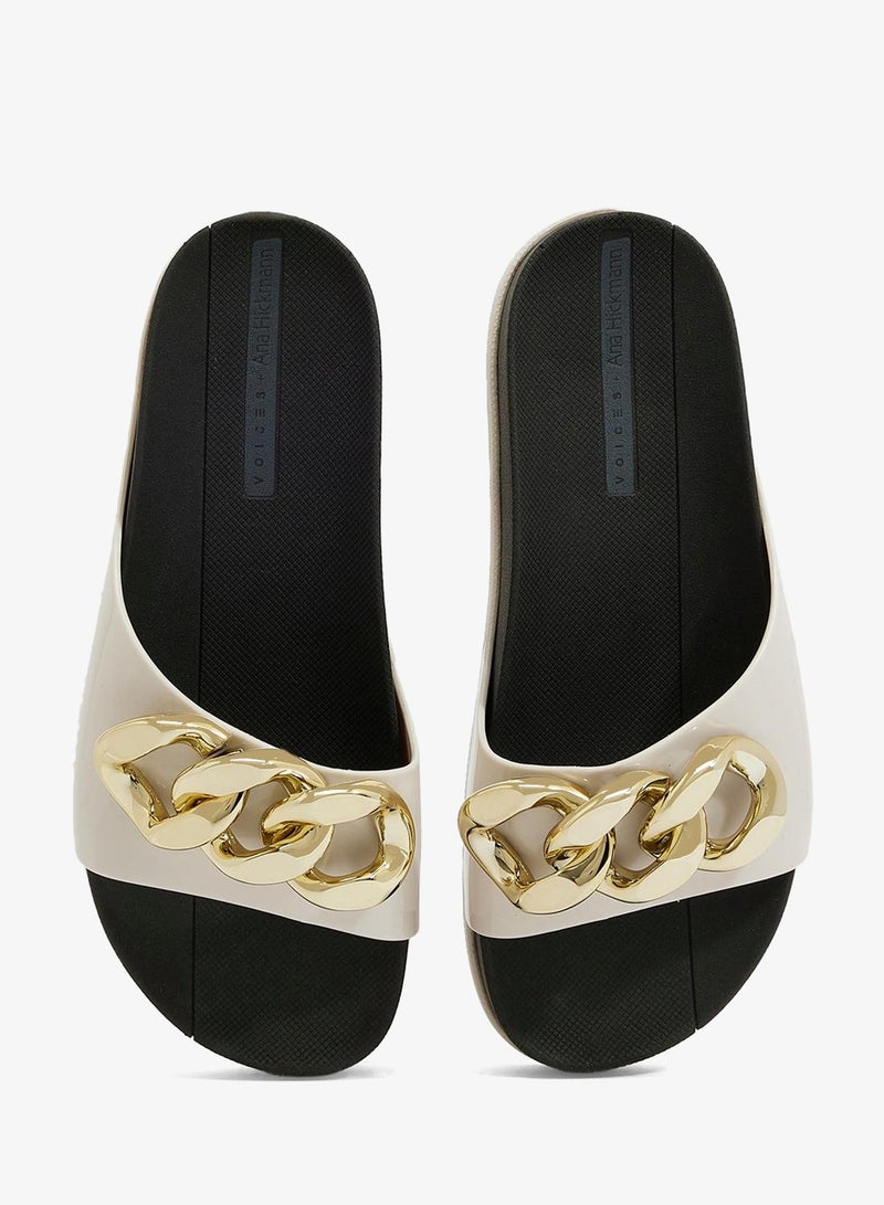 Voices Slide Soul Corrente 2K Women'S Anti Slip Sole  With Gold Chain Design Sandals - White/Black - Image 4