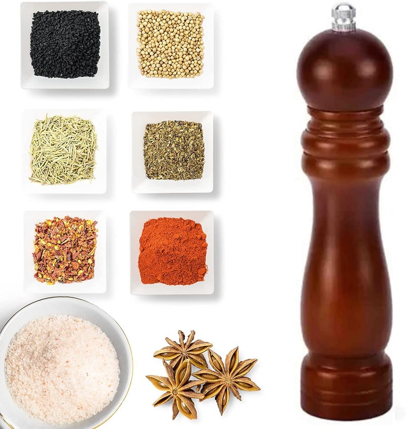 Zevon® 8 Inch Wooden Salt Pepper Crusher for Kitchen or Black Pepper Crusher or Papper Mill for Kitchen - Spice Mill with Brushed Stainless Steel,Ceramic Blades and Adjustable Coarseness (Dark Brown) - Image 1