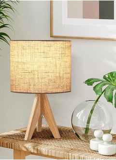 Garlo Wood Bedside Table Lamp, Tripod Desk Lamp with Beige Linen Lampshade, On-Off Switch, Desk Lamps for Reading, Bedroom, Living Room, Study, Office  - Image 1