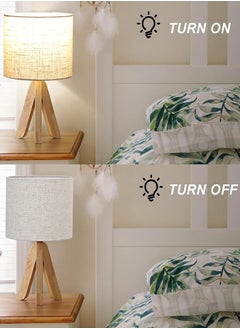 Garlo Wood Bedside Table Lamp, Tripod Desk Lamp with Beige Linen Lampshade, On-Off Switch, Desk Lamps for Reading, Bedroom, Living Room, Study, Office  - Image 2