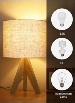 Garlo Wood Bedside Table Lamp, Tripod Desk Lamp with Beige Linen Lampshade, On-Off Switch, Desk Lamps for Reading, Bedroom, Living Room, Study, Office  - Image 3