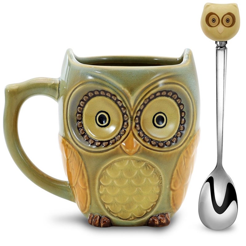 SQOWL 3D Coffee Mug Funny Cute Owl Ceramic Cup Coffee Mug with spoon Tea Mugs Set for Women and girls 12 oz Cyan - Image 1