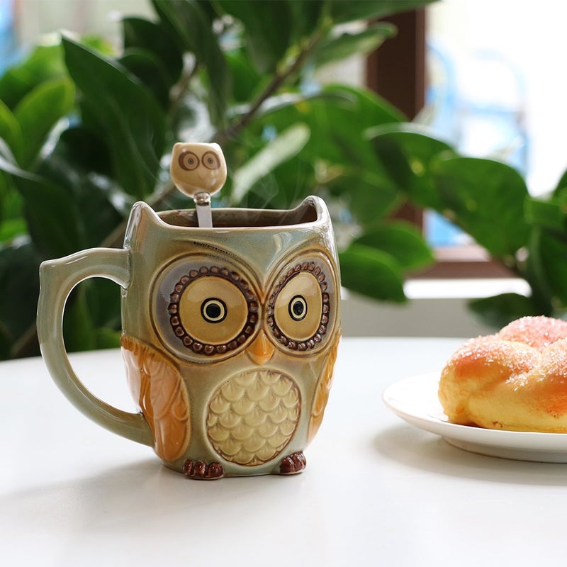 SQOWL 3D Coffee Mug Funny Cute Owl Ceramic Cup Coffee Mug with spoon Tea Mugs Set for Women and girls 12 oz Cyan - Image 2