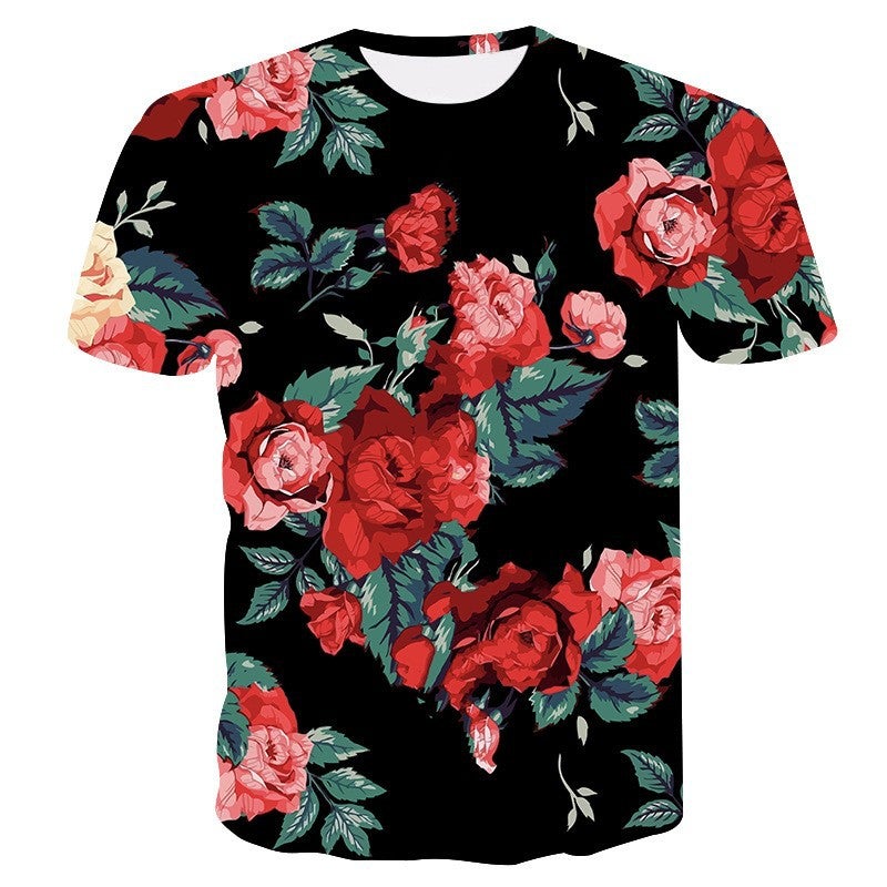 Export 3D Digital Printing Men'S T-Shirt Natural Plant Rose Flower Casual Round Neck Short-Sleeved Shirt - Image 2