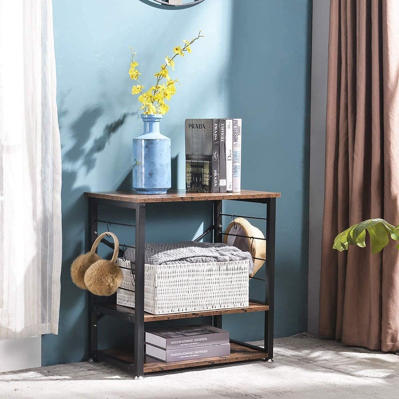 INDIAN DECOR INDIAN DECOR 46450 Kitchen Microwave Rack with Storage 3 Tier Microwave Oven Stand with Metal Frame and 6 Hooks in The Kitchen Living Room Vintage Brown Black Frame  - Image 2