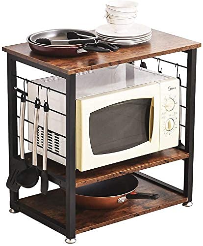INDIAN DECOR INDIAN DECOR 46450 Kitchen Microwave Rack with Storage 3 Tier Microwave Oven Stand with Metal Frame and 6 Hooks in The Kitchen Living Room Vintage Brown Black Frame  - Image 1