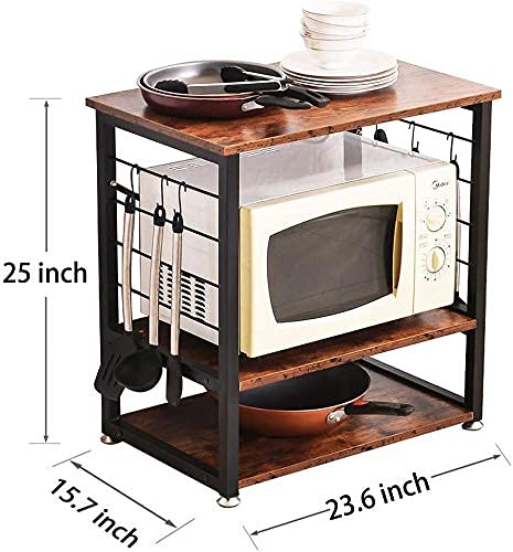 INDIAN DECOR INDIAN DECOR 46450 Kitchen Microwave Rack with Storage 3 Tier Microwave Oven Stand with Metal Frame and 6 Hooks in The Kitchen Living Room Vintage Brown Black Frame  - Image 5