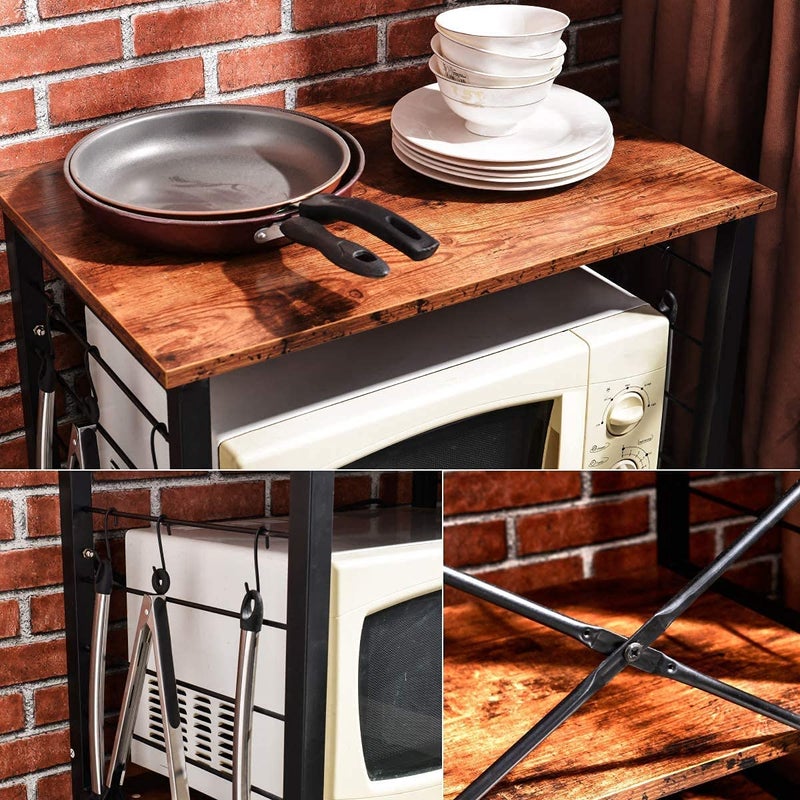 INDIAN DECOR INDIAN DECOR 46450 Kitchen Microwave Rack with Storage 3 Tier Microwave Oven Stand with Metal Frame and 6 Hooks in The Kitchen Living Room Vintage Brown Black Frame  - Image 4