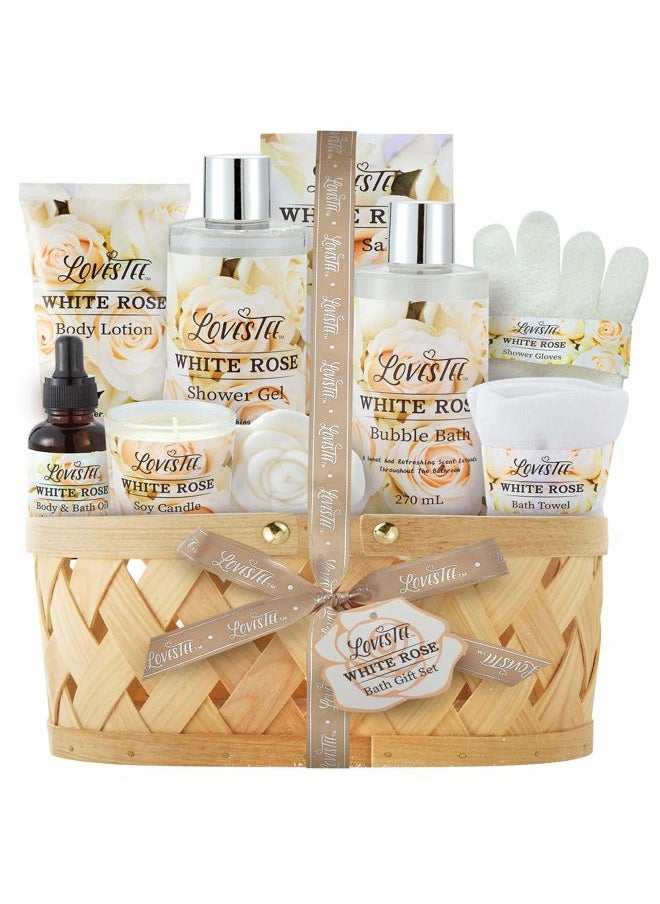 Lovestee Mother's Day Bath & Body Spa Gift Basket for Women, Best Gift for Mother's Day & Birthday, White Rose Set Body Lotion, Shower Gel, Bubble Bath, Bath Salt, Towel, Soap, Oil, Candle, Gloves,  - Image 1