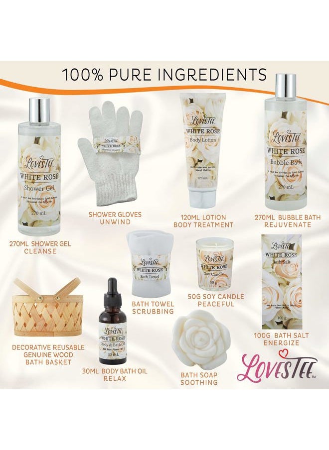 Lovestee Mother's Day Bath & Body Spa Gift Basket for Women, Best Gift for Mother's Day & Birthday, White Rose Set Body Lotion, Shower Gel, Bubble Bath, Bath Salt, Towel, Soap, Oil, Candle, Gloves,  - Image 2