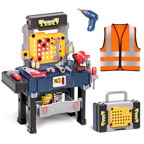 Deejoy Kids Tool Bench with Electric Drill and Engineer Vest 3in1 Toddler Workbench and Costume Set Construction Toys for Boys 35 Engineering Role Play Kit for Toddlers Age 3 4 5 6 - Image 1