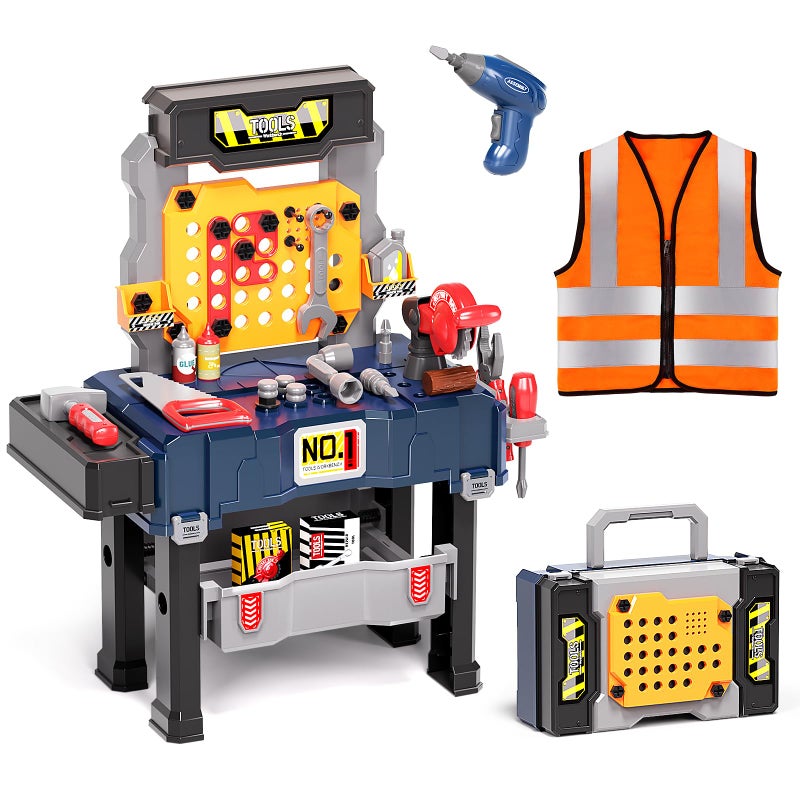 Deejoy Kids Tool Bench with Electric Drill and Engineer Vest 3in1 Toddler Workbench and Costume Set Construction Toys for Boys 35 Engineering Role Play Kit for Toddlers Age 3 4 5 6 - Image 2