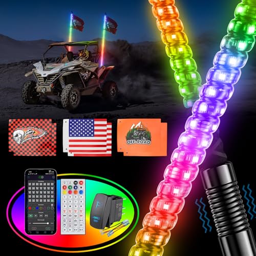 Ehaho 2PCS 1FT Whip Lights for UTV ATV with Spring Base, Tripled Brighter Led Whip Light W/Rocker Switch & 6 Flags, Spiral Chasing Lighted Antenna Whip with APP & Remote Control for RZR SXS Can-Am - Image 1