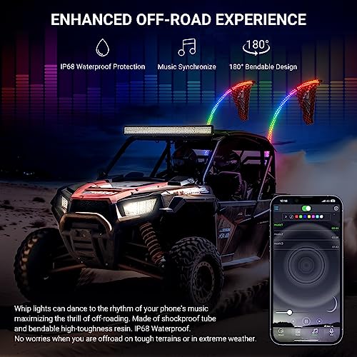 Ehaho 2PCS 1FT Whip Lights for UTV ATV with Spring Base, Tripled Brighter Led Whip Light W/Rocker Switch & 6 Flags, Spiral Chasing Lighted Antenna Whip with APP & Remote Control for RZR SXS Can-Am - Image 5