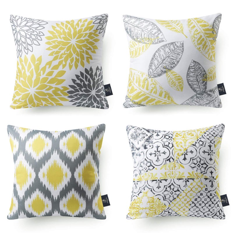 Phantoscope Set of 4 New Living Series Leaf Geometric Throw Decorative Pillow Cover Cushion Cover, Yellow and Grey, 22 x 22 inches, 55 x 55 cm - Image 1