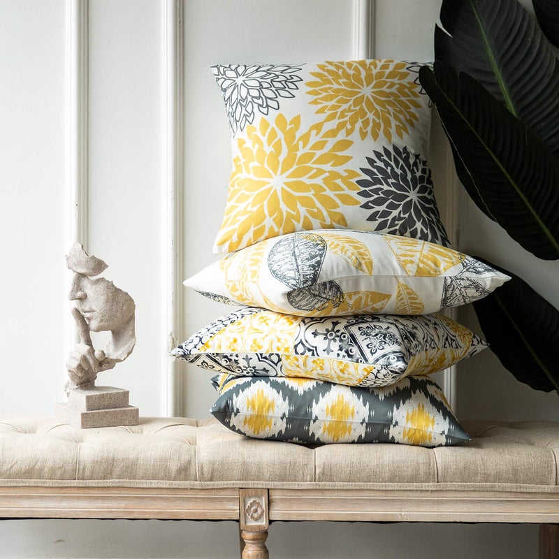 Phantoscope Set of 4 New Living Series Leaf Geometric Throw Decorative Pillow Cover Cushion Cover, Yellow and Grey, 22 x 22 inches, 55 x 55 cm - Image 2