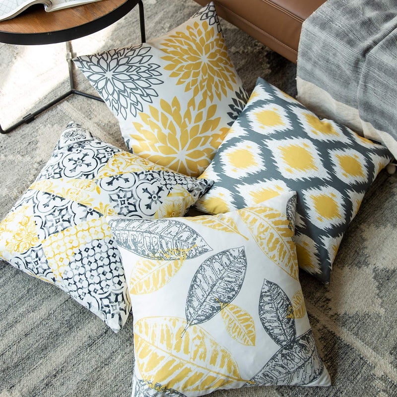 Phantoscope Set of 4 New Living Series Leaf Geometric Throw Decorative Pillow Cover Cushion Cover, Yellow and Grey, 22 x 22 inches, 55 x 55 cm - Image 3