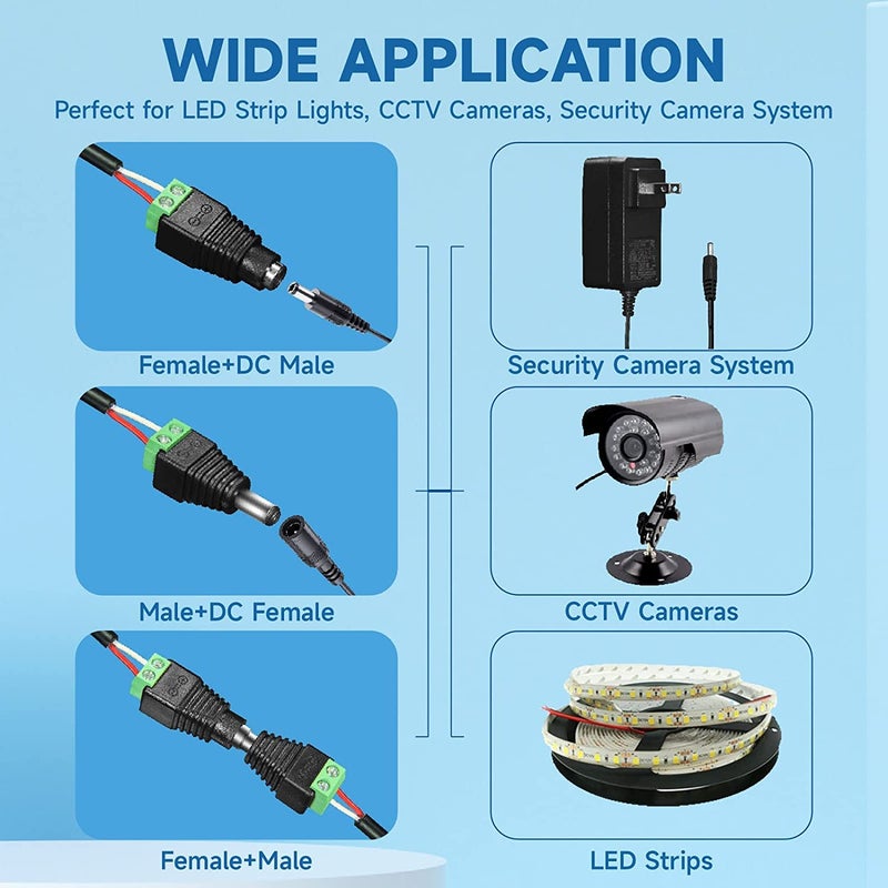 FEDUS 2 Pairs DC Power Jack Plug Adapter Connector,12V, 24V Male +Female 2.1 X 5.5MM Connector Terminal Barrel for CCTV Camera/Led Strip Light,DVR,Car Rearview Monitor System - Image 2