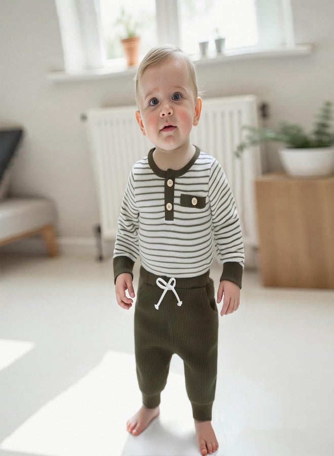 FOMOYUU Newborn Baby Boy Clothes Waffle Striped Long Sleeve Sweatshirt Pullover Tops and Pants Sets Fall Winter Outfits (Green, 6-12 Months) - Image 2