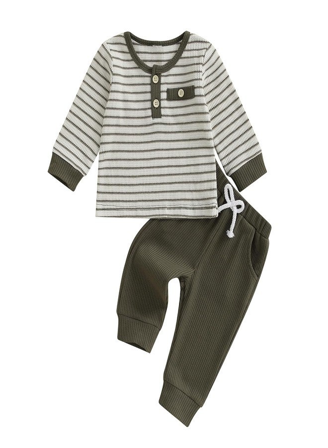 FOMOYUU Newborn Baby Boy Clothes Waffle Striped Long Sleeve Sweatshirt Pullover Tops and Pants Sets Fall Winter Outfits (Green, 6-12 Months) - Image 1