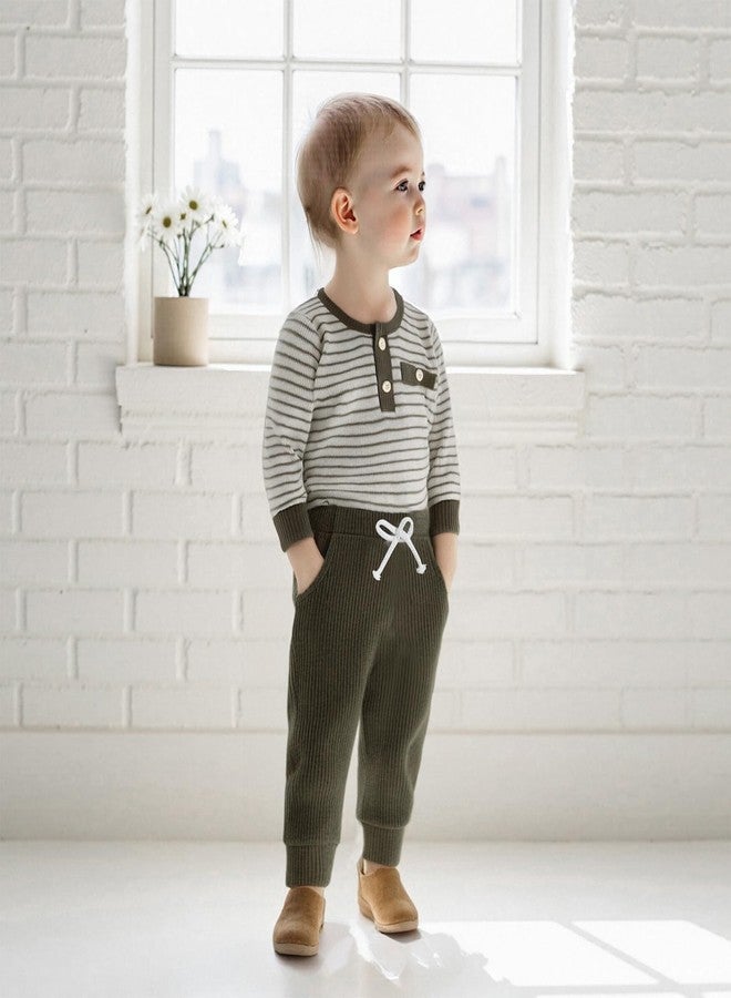 FOMOYUU Newborn Baby Boy Clothes Waffle Striped Long Sleeve Sweatshirt Pullover Tops and Pants Sets Fall Winter Outfits (Green, 6-12 Months) - Image 3