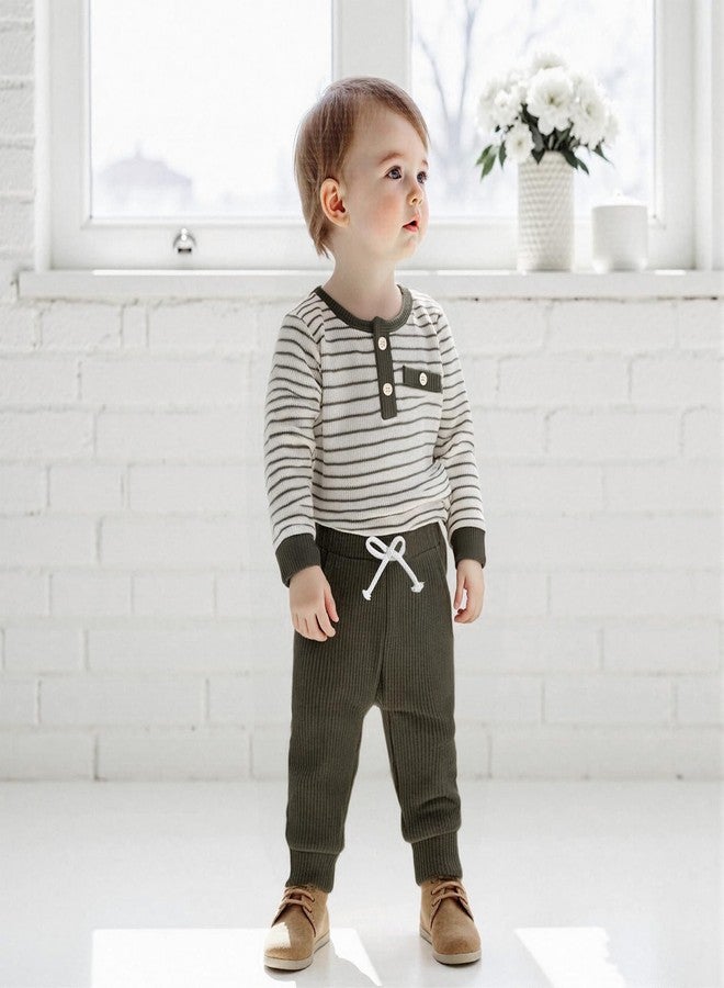 FOMOYUU Newborn Baby Boy Clothes Waffle Striped Long Sleeve Sweatshirt Pullover Tops and Pants Sets Fall Winter Outfits (Green, 6-12 Months) - Image 5